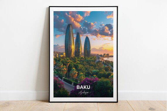 Baku Azerbaijan Flame Towers Sunset Modern Skyline Travel Poster
