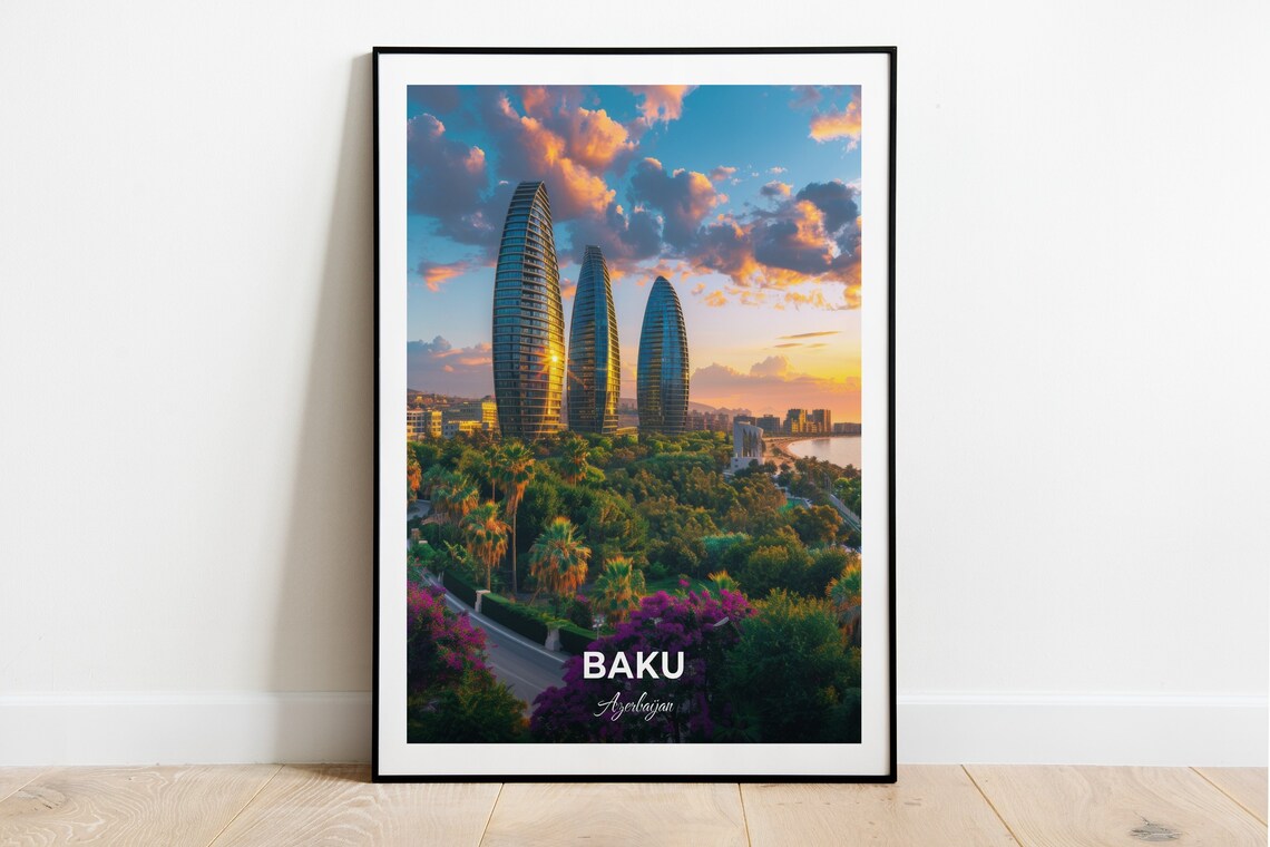 Baku Azerbaijan Flame Towers Sunset Modern Skyline Travel Poster