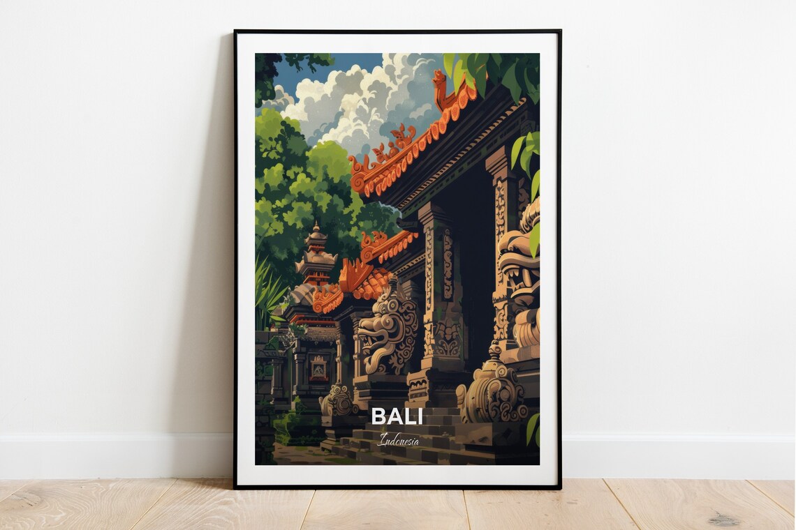 Bali Goa Gajah Stone Temple Gate Carved Guardian Travel Poster