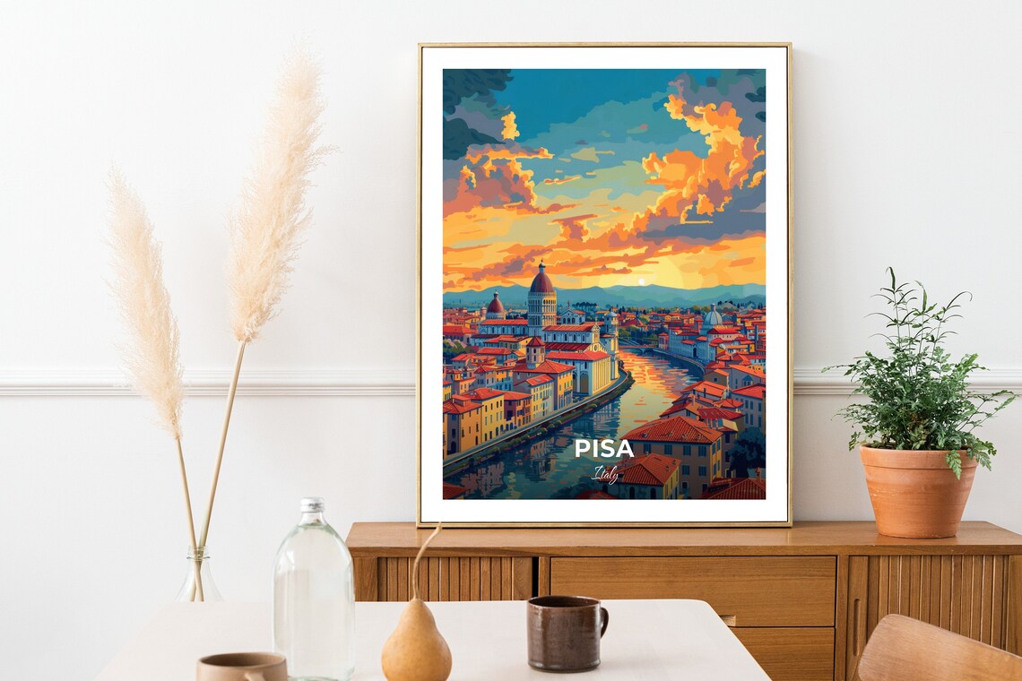 Pisa Italy Lungarno River Sunset Golden Sky Historic Cityscape View Poster - Image 2