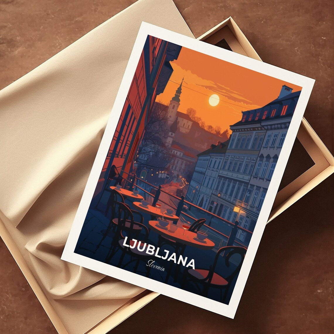 Ljubljana Slovenia Evening Cafe Terrace Old Town Travel Poster - Image 3