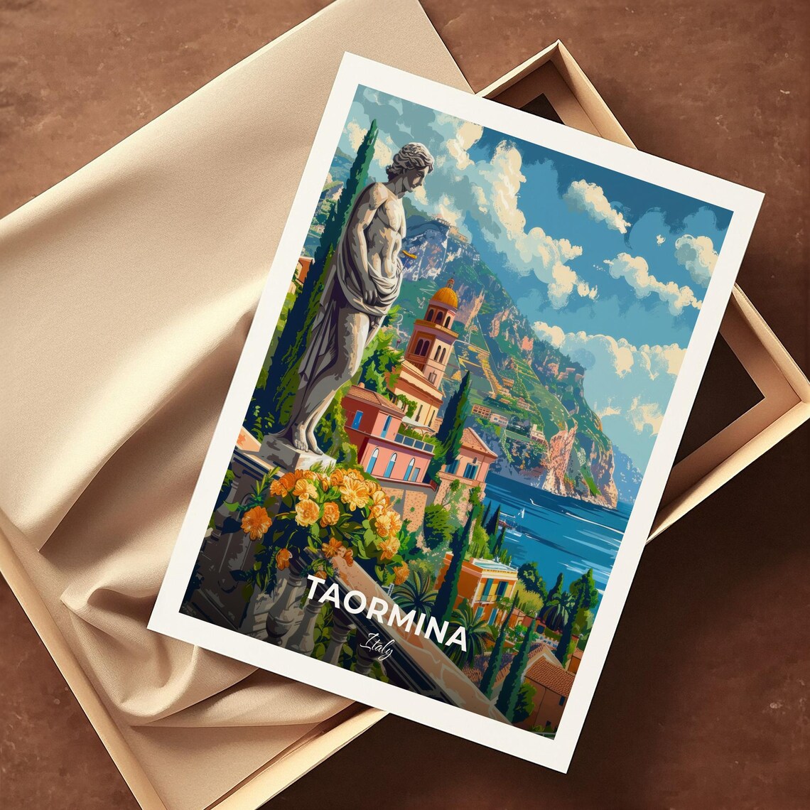 Taormina Italy Coastal Town Statue Church Dome Sea View Travel Poster - Image 4