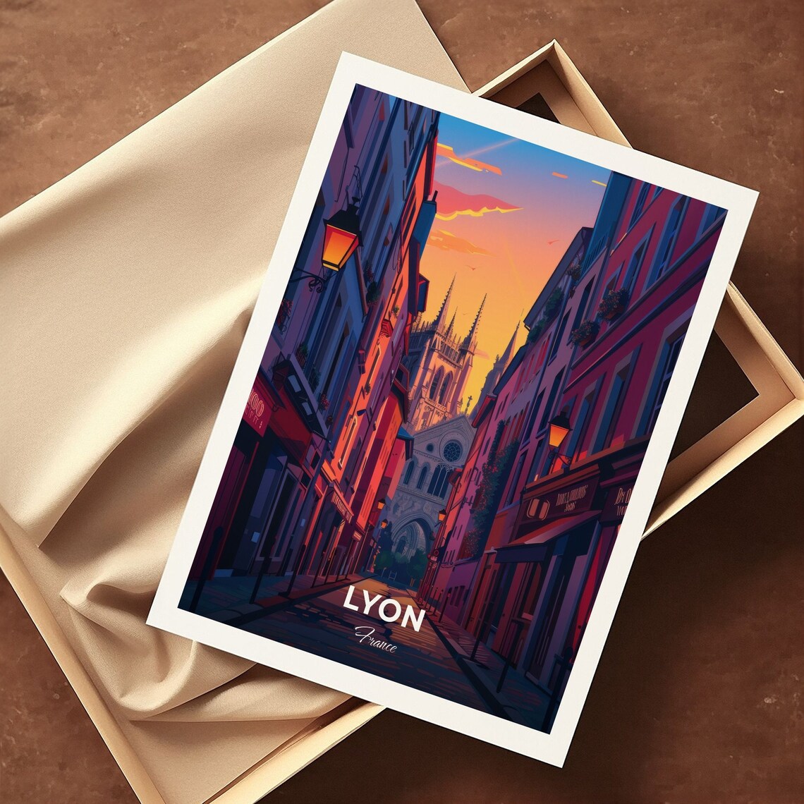 Lyon France Old Town Street Gothic Cathedral Spires Sunset Poster - Image 3