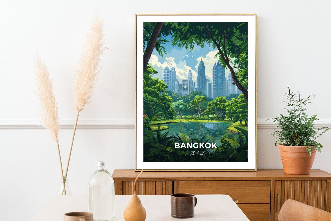 Bangkok Thailand Lumpini Park Lake City Skyline Travel Illustration Poster - Image 2
