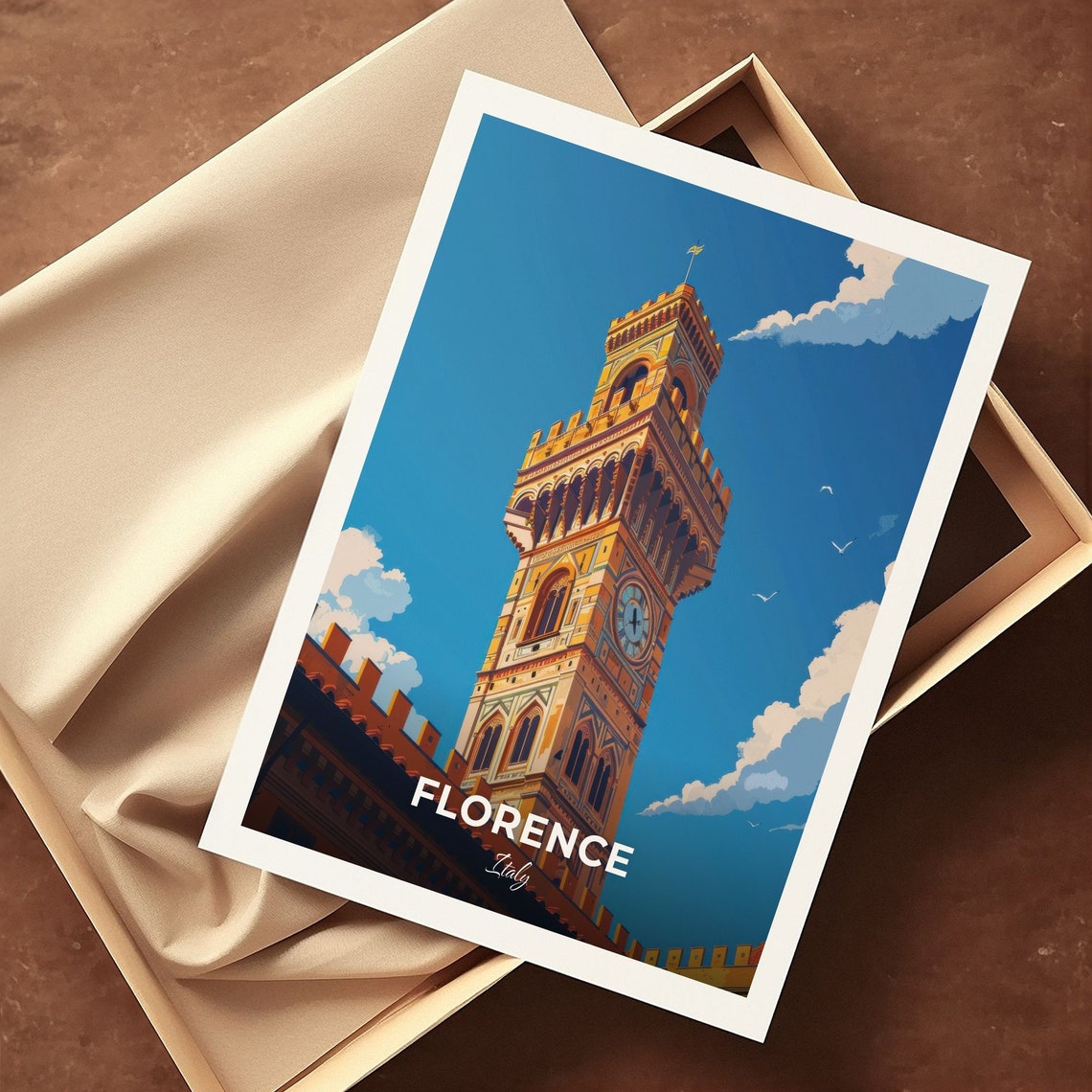 Florence Palazzo Vecchio Clock Tower Bright Sky Travel Scene Poster - Image 3
