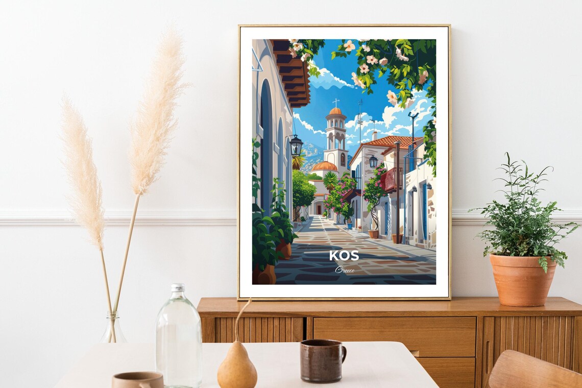 Kos Greece Old Town Street Church Flowers Sunny Art View Poster - Image 3