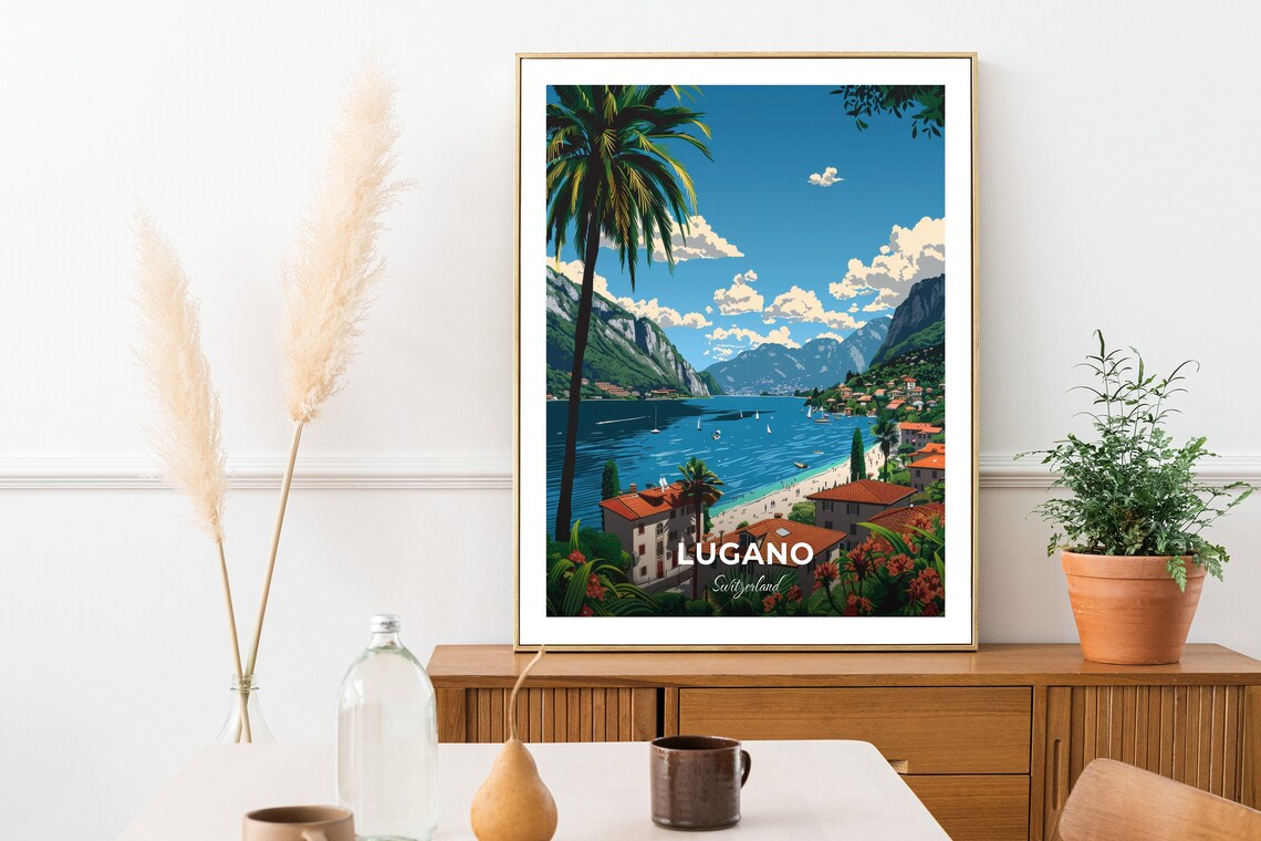Lugano Switzerland Lakefront Palms Villages Alpine Lake Travel Poster - Image 2