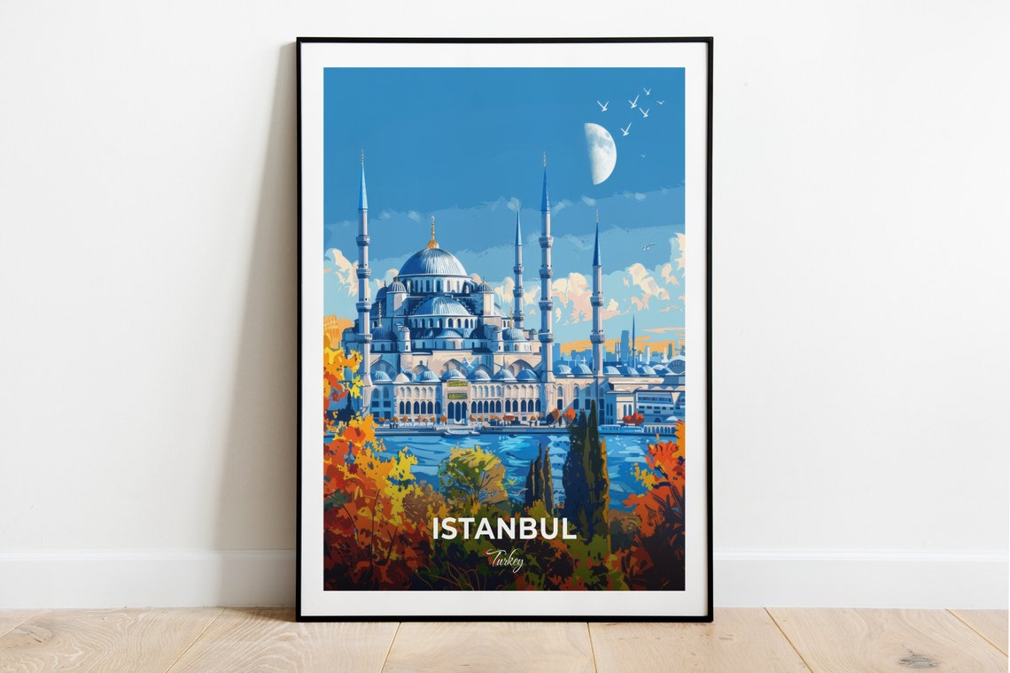 Istanbul Turkey Blue Mosque Moonlit Skyline View Travel Poster