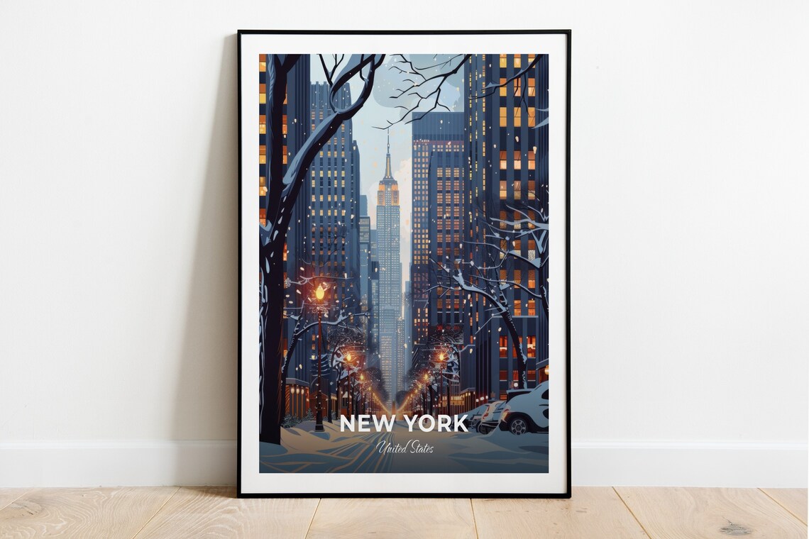 New York City Snowy Midtown Winter Night Street Scene Poster