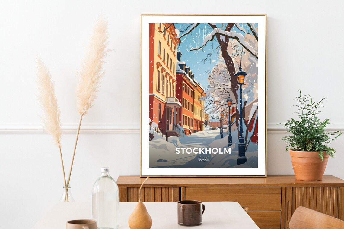 Stockholm Sweden Snowy Street Winter Lamps Old Town Travel Poster - Image 2