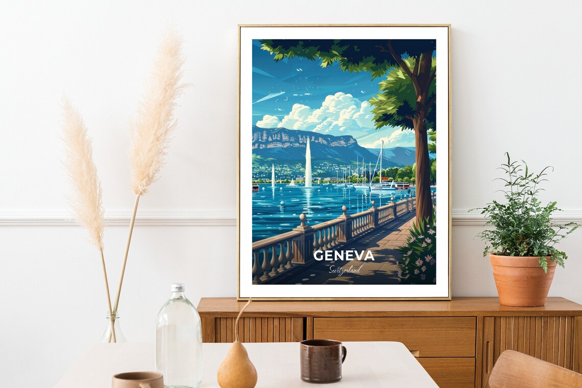 Geneva Jet dEau Fountain Lake Promenade Switzerland Lakeside Travel Poster - Image 2