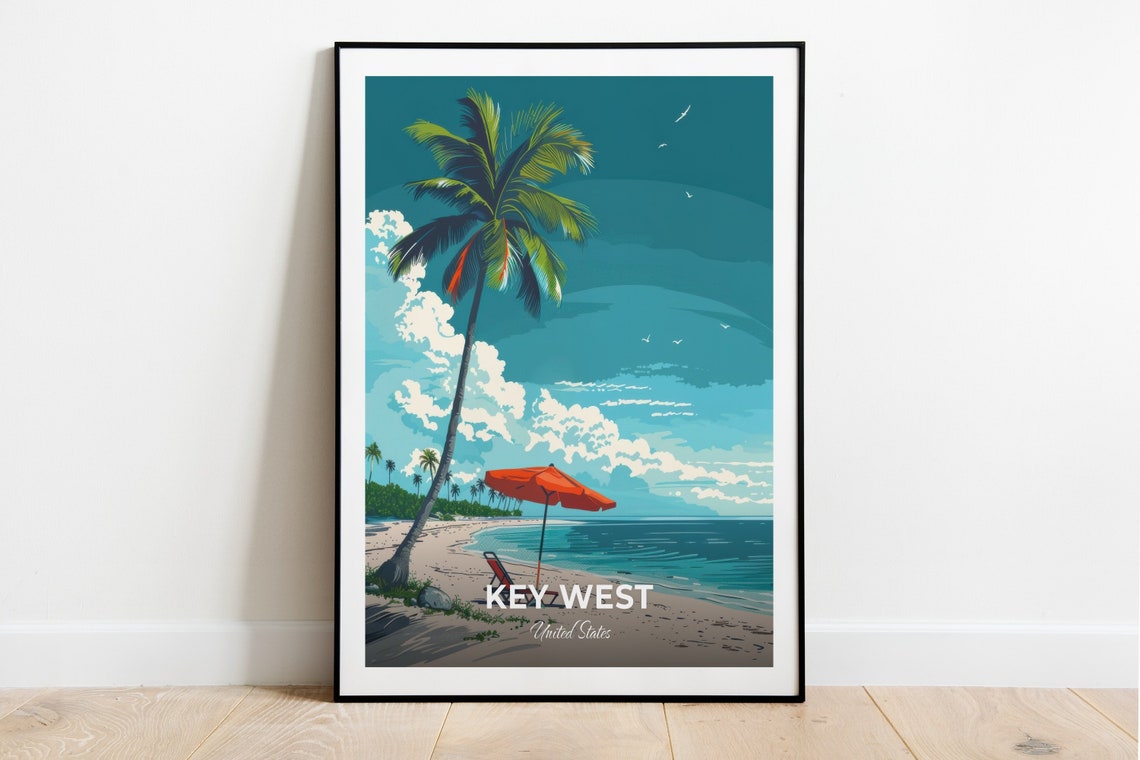 Key West United States Smathers Beach Palm Sunset Travel Poster