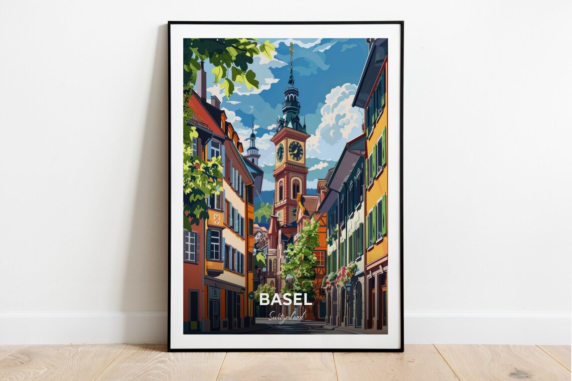 Basel Switzerland Old Town Street Clock Tower Sunny Art Poster
