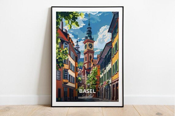 Basel Switzerland Old Town Street Clock Tower Sunny Art Poster