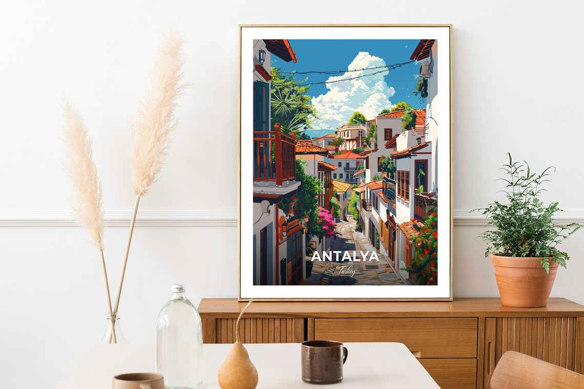 Antalya Turkey Kaleici Old Town Street White Houses Travel Poster - Image 2