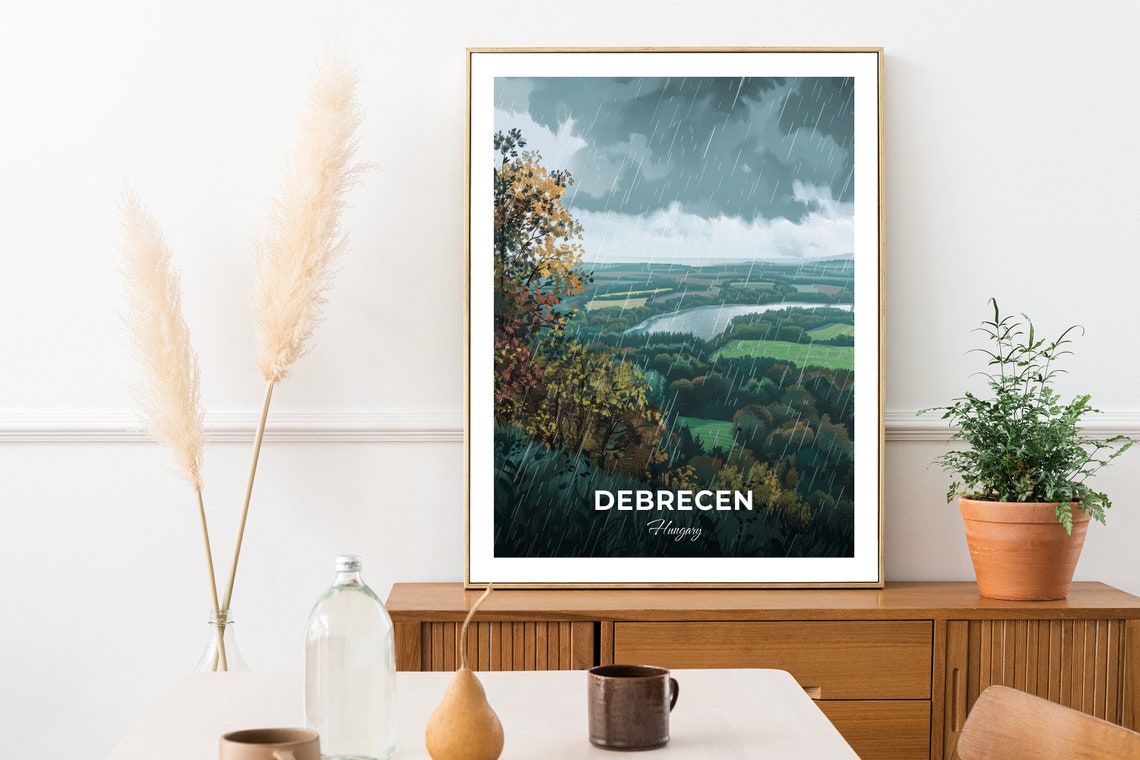 Debrecen Hungary Rainy Valley River Green Fields Moody Shower Poster - Image 2