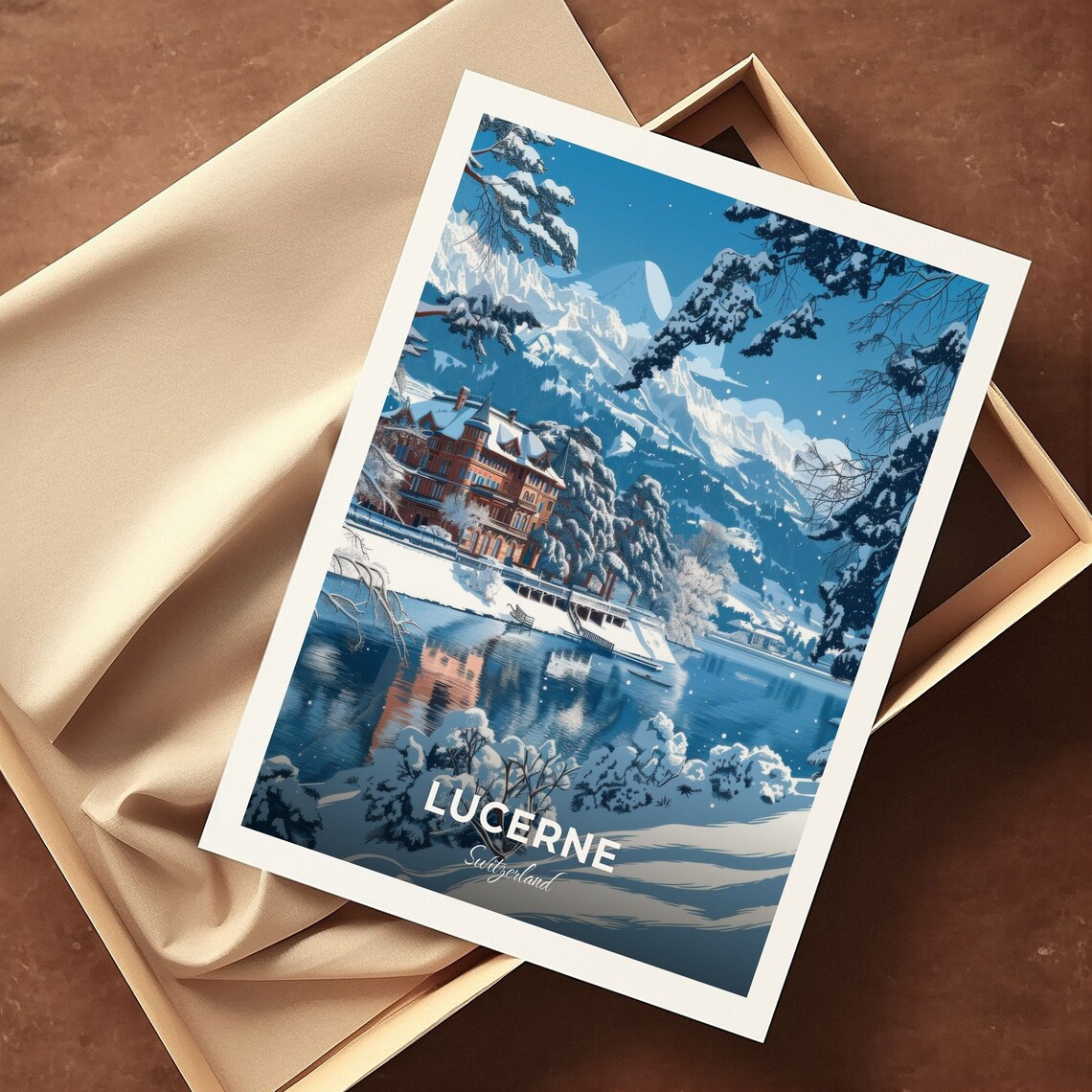 Lucerne Switzerland Winter Lakeside Villa Snowy Alps Travel Poster - Image 3