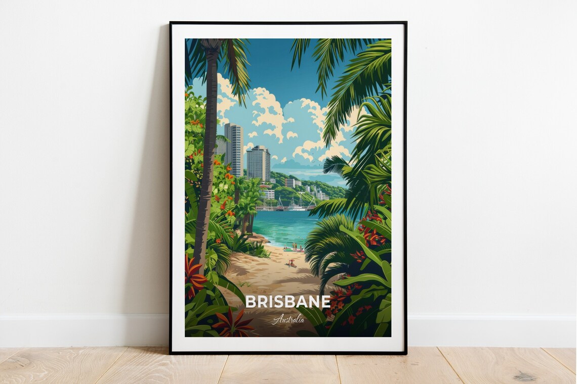 Brisbane Australia Tropical Beach Path With City Skyline Travel Poster