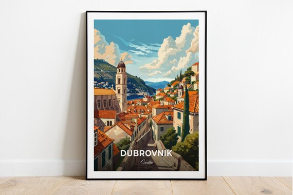 Dubrovnik Croatia Old Town Rooftops Church Tower Sea View Travel Poster
