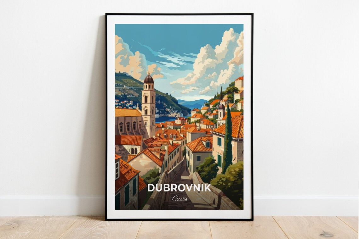 Dubrovnik Croatia Old Town Rooftops Church Tower Sea View Travel Poster