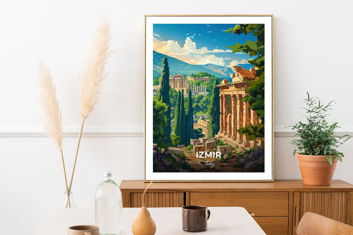Izmir Ancient Temple Ruins With Mountains And Cypress Turkey Travel Poster - Image 2