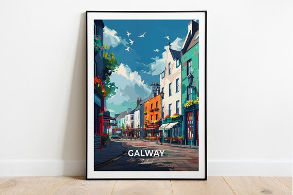 Galway Colorful Shopfront Street Under A Bright Blue Sky Travel Poster