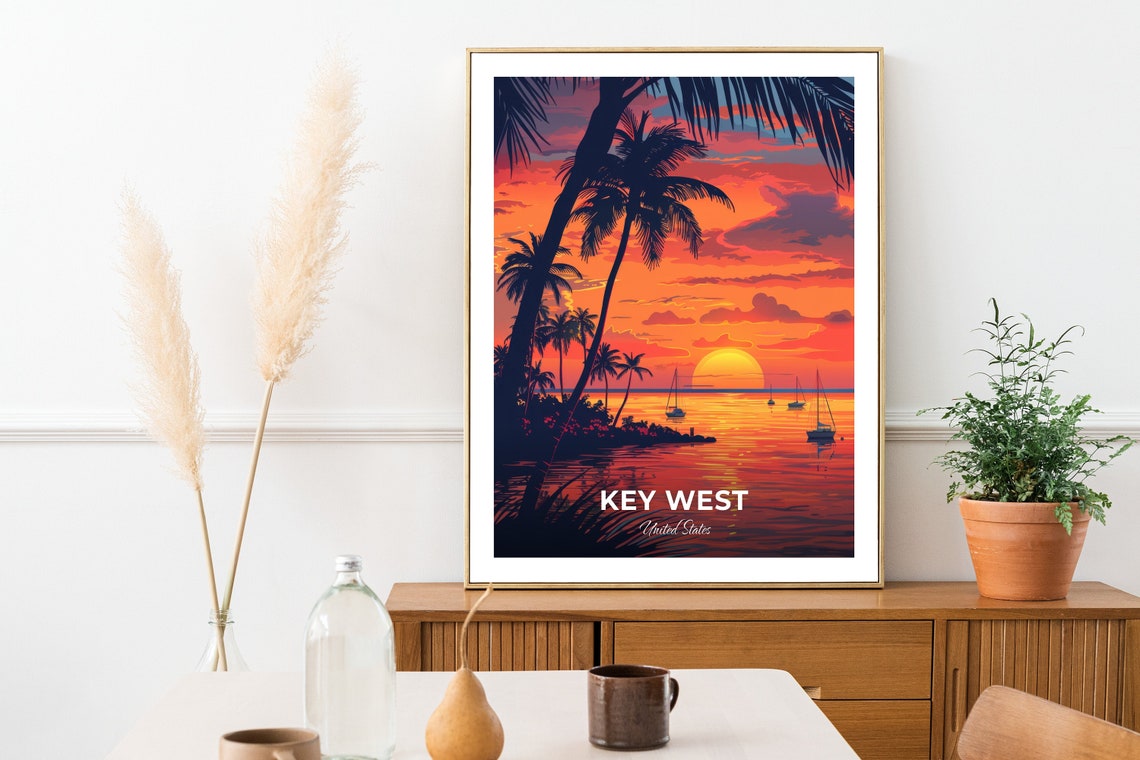 Key West Mallory Square Sunset Sailboats Palm Silhouette Travel Poster - Image 2