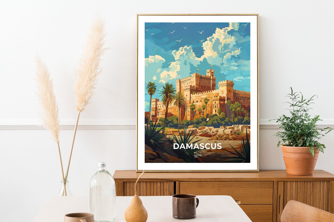 Damascus Citadel Ancient Fortress Palms Historic Walls Syria Travel Poster - Image 2