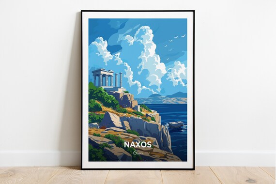 Naxos Ancient Temple on Rocky Cliffs by the Sea Greece Travel Poster