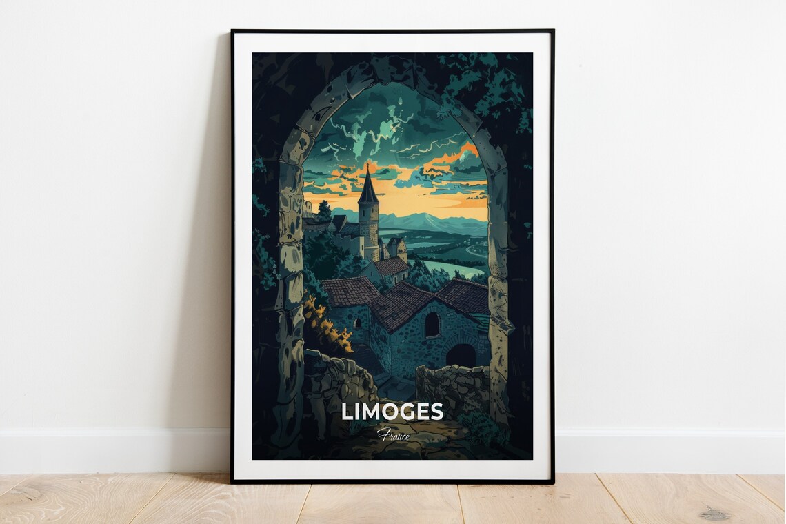 Limoges Stone Arch View of Old Church at Dusk France Heritage Travel Poster