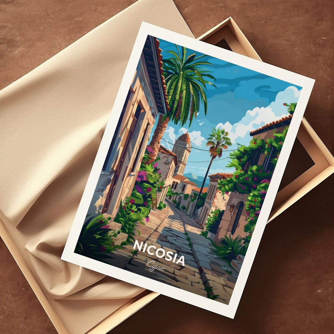 Nicosia Cyprus Old Town Cobblestone Street Palms Travel Poster - Image 3