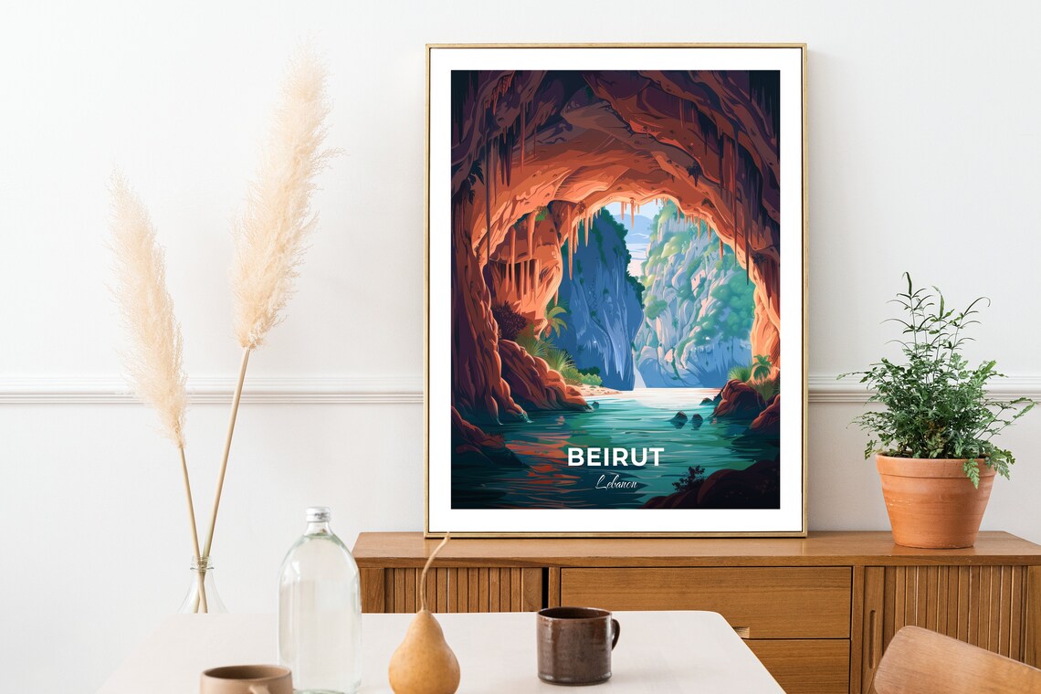 Beirut Lebanon Jeita Grotto Cave Lagoon Travel Illustration Poster - Image 2