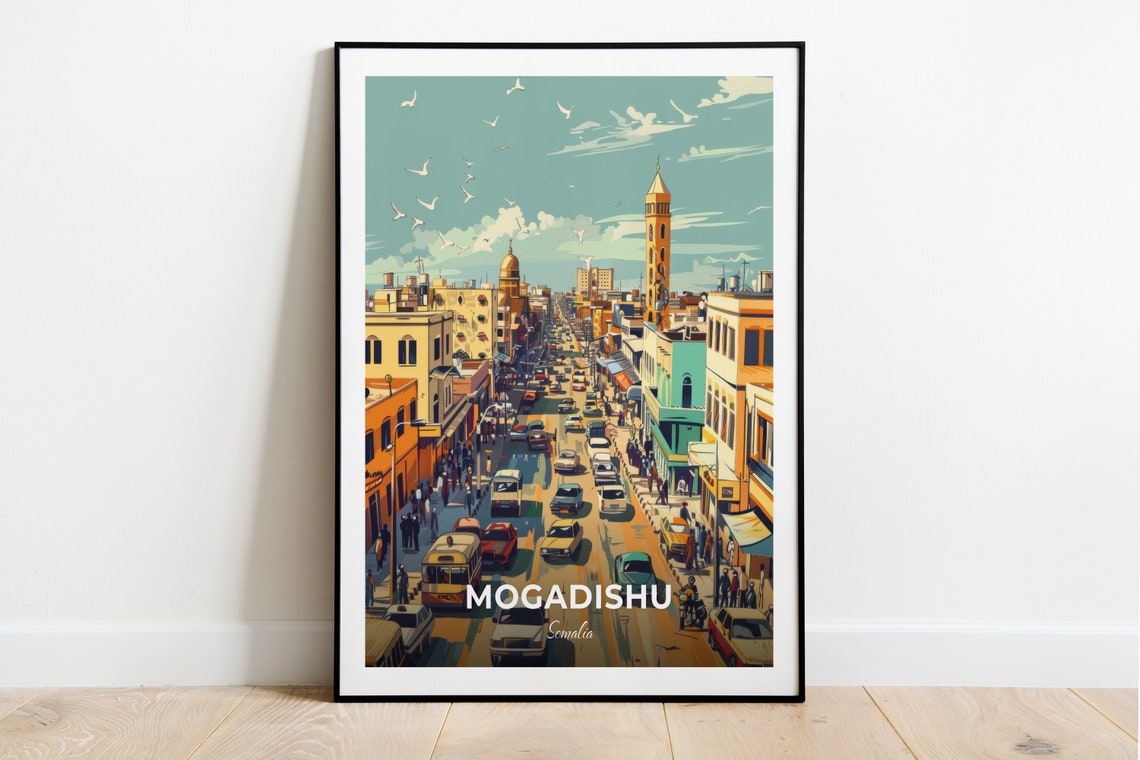 Mogadishu Somalia Travel Poster Bustling City Street Scene Artwork