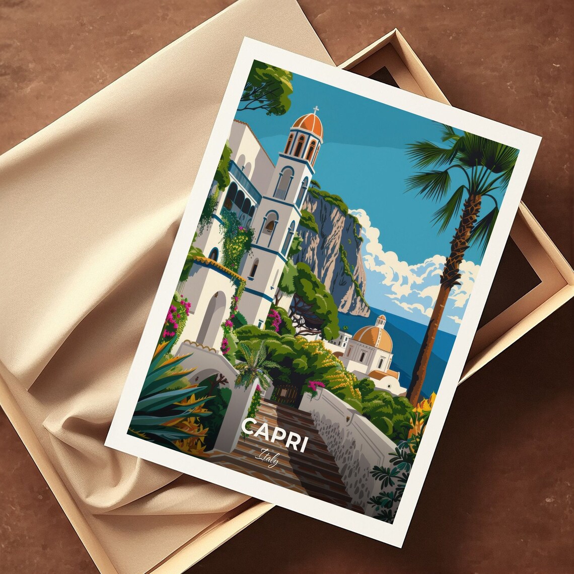 Capri Italy Historic Coastal Villa Bell Tower Cliffside Travel Poster - Image 3