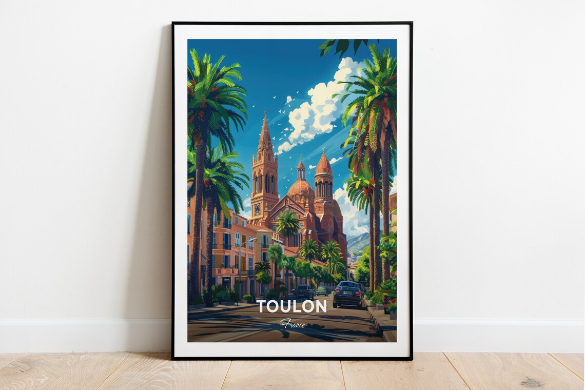 Toulon Palm Street Cathedral Towers Mediterranean Sun Travel Poster