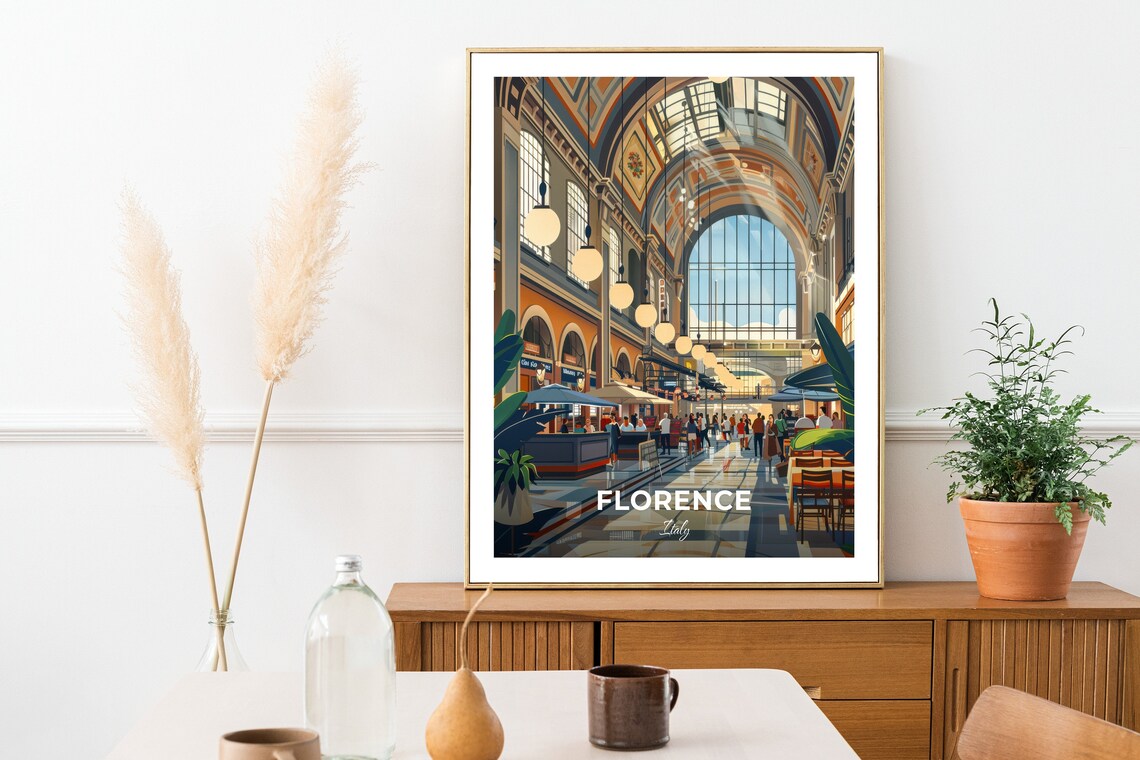 Florence Italy Mercato Centrale Historic Food Hall Interior Travel Poster - Image 2