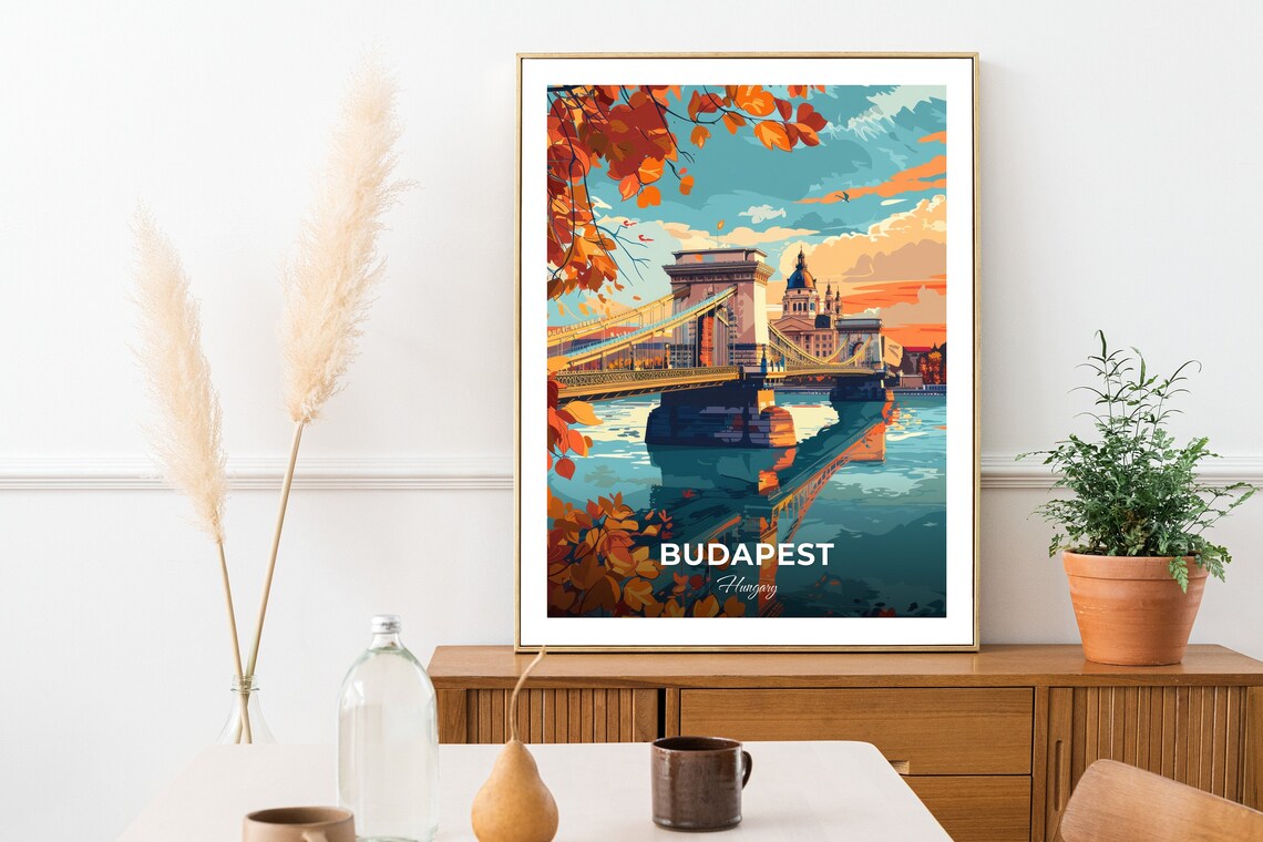 Budapest Hungary Chain Bridge Autumn Sunset River Travel Poster - Image 2