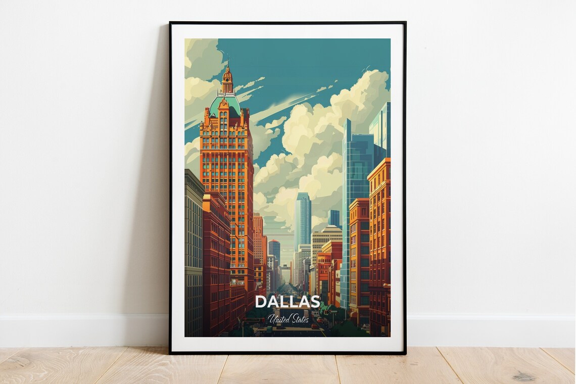 Dallas United States Downtown Skyline Historic Towers Travel Poster