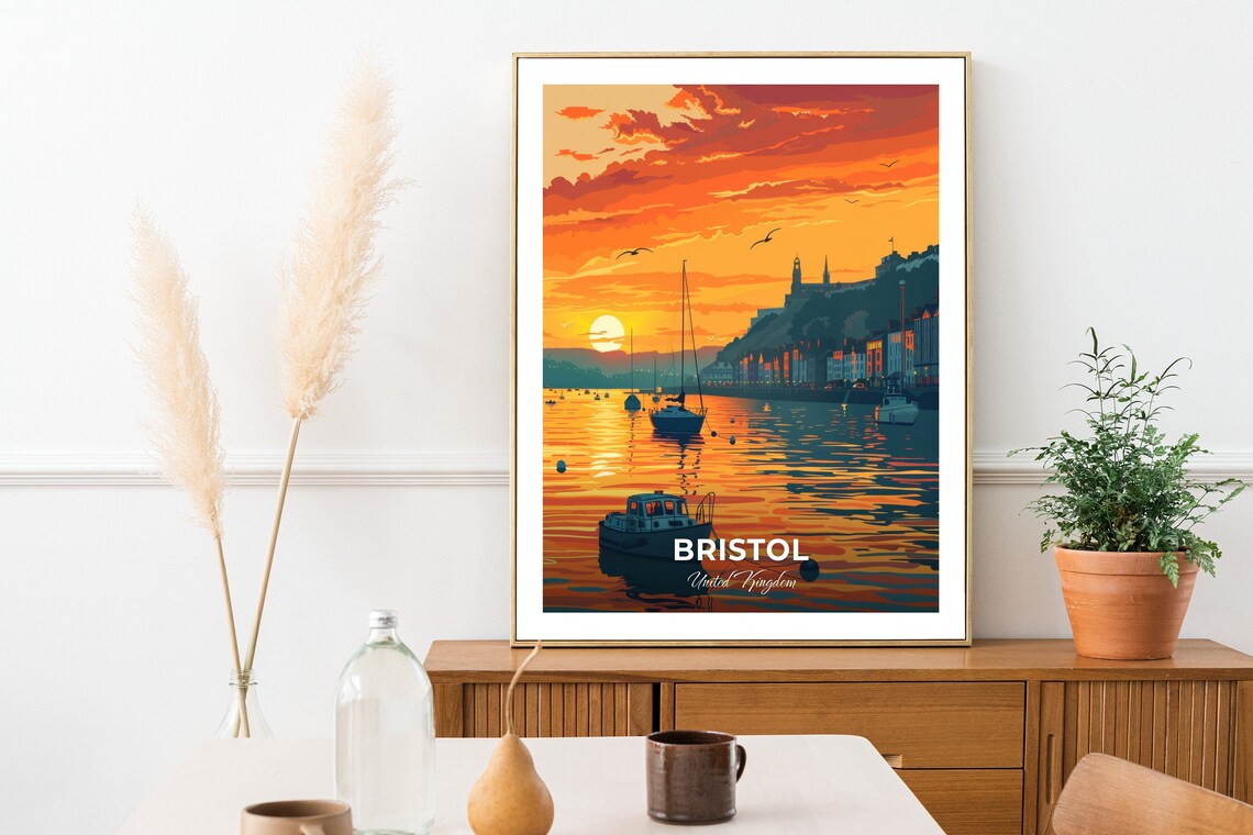 Bristol United Kingdom Harbour Sunset Sailboats Golden Water View Poster - Image 2