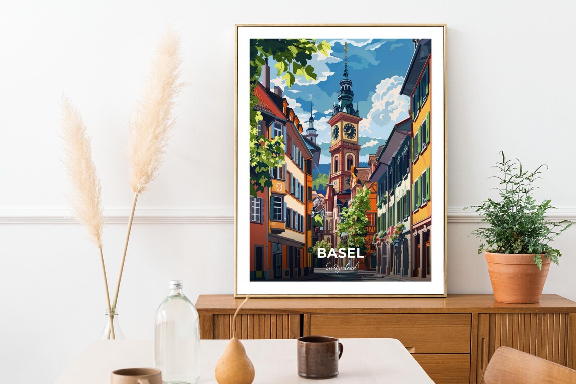 Basel Switzerland Old Town Street Clock Tower Sunny Art Poster - Image 3