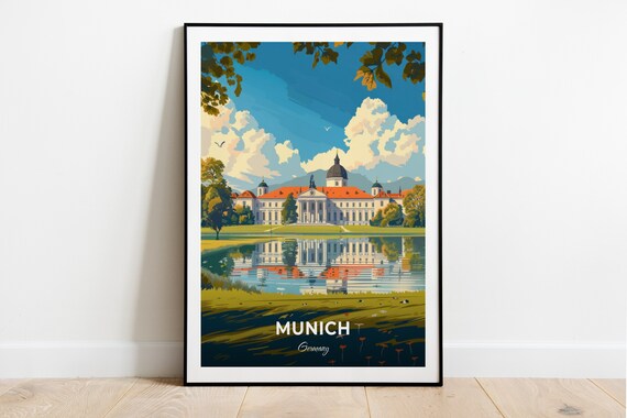 Munich Nymphenburg Palace Lake Reflection Royal Travel Poster
