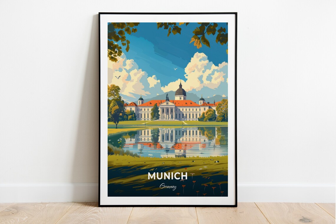 Munich Nymphenburg Palace Lake Reflection Royal Travel Poster