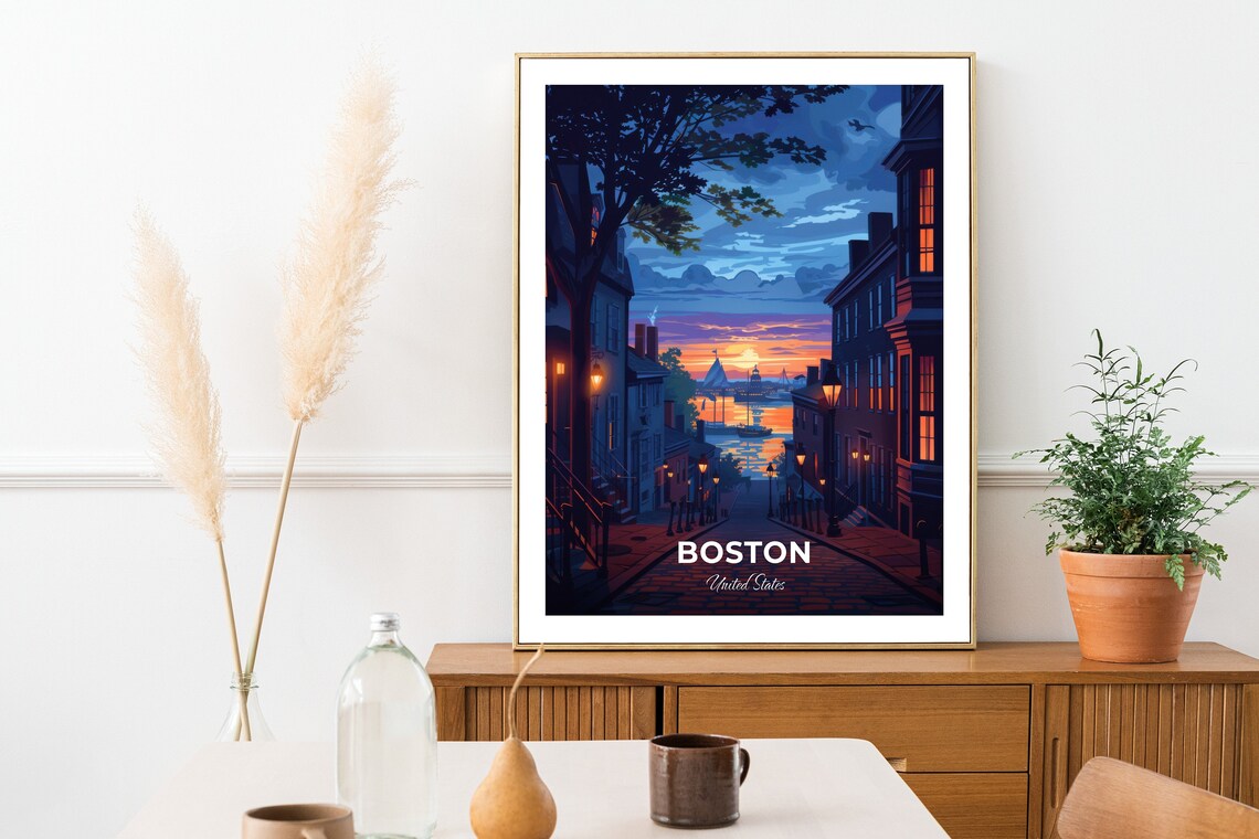 Boston Freedom Trail Cobblestone Street Sunset Travel Scene Poster - Image 2