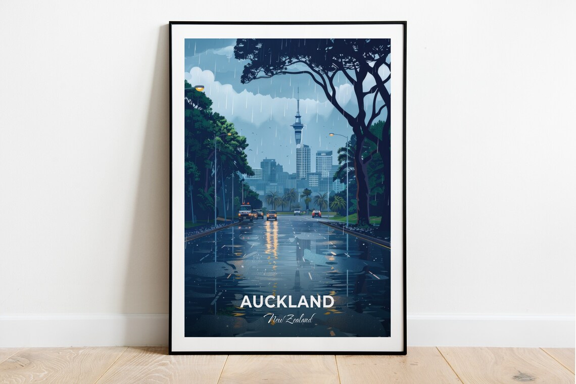 Auckland New Zealand Sky Tower Rainy Street Night Lights Travel Poster