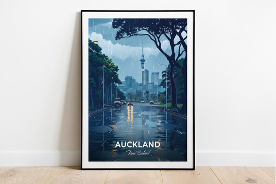 Auckland New Zealand Sky Tower Rainy Street Night Lights Travel Poster