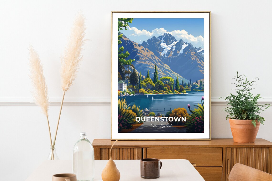 Queenstown New Zealand Lake Mountain Gardens Vintage Travel Poster - Image 2