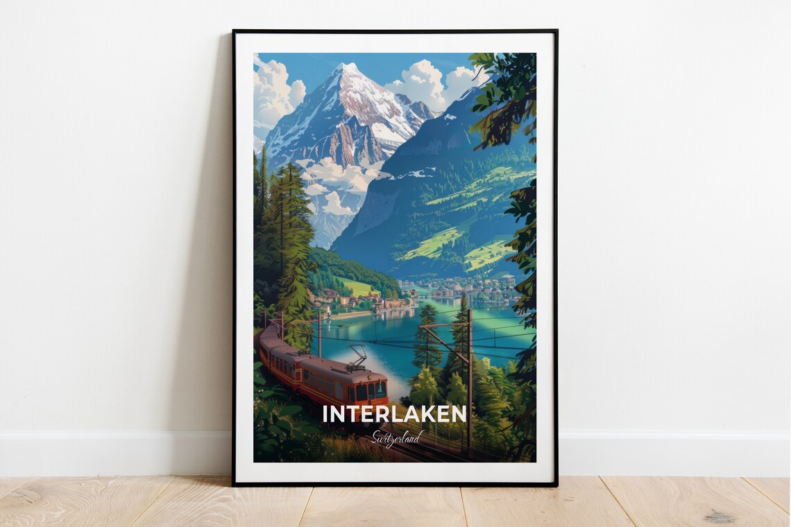 Interlaken Switzerland Travel Poster Alpine Railway Lake Eiger Artwork