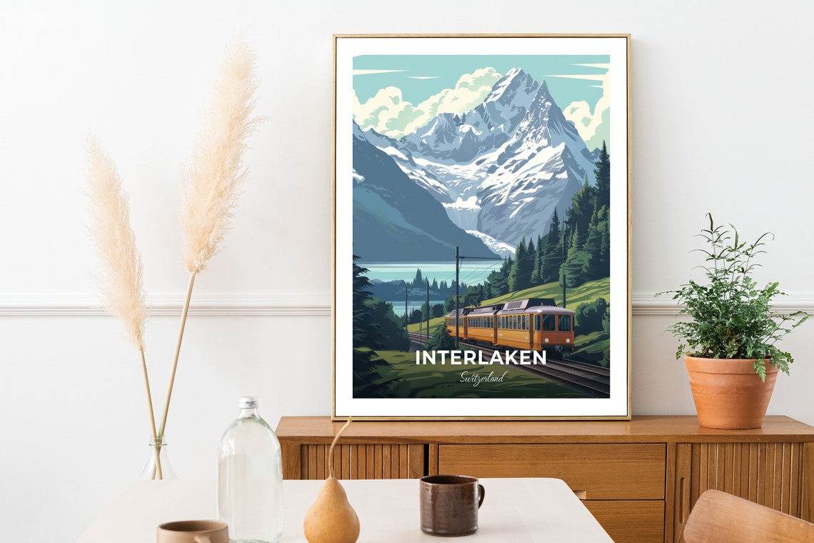 Interlaken Alpine Train Snowy Mountain Peaks Valley Travel Poster - Image 2