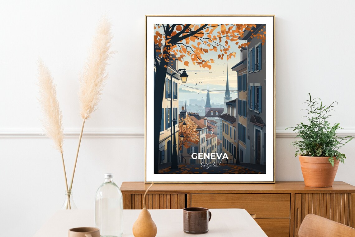 Geneva Old Town Autumn Street Golden Leaves Switzerland Travel Poster - Image 2