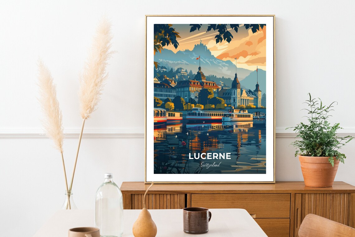 Lucerne Switzerland Lakeside Tour Boats Beneath Grand Mountain Poster - Image 2